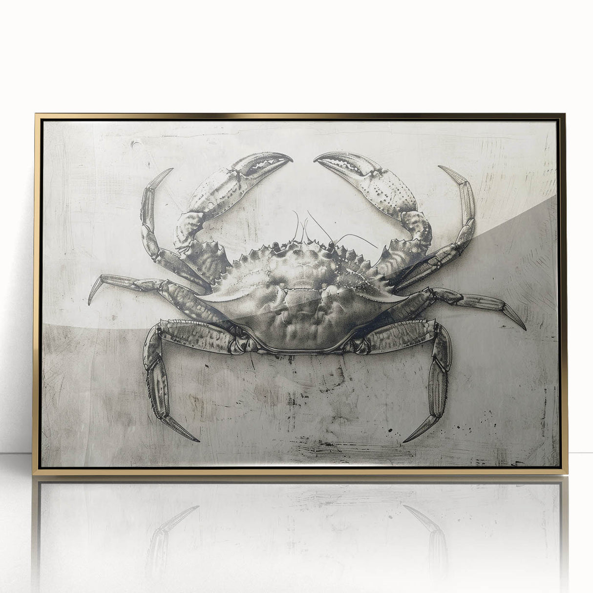 Framed wall art featuring a vibrant crab design with intricate details, set against a gold acrylic background, perfect for marine life enthusiasts and coastal decor.