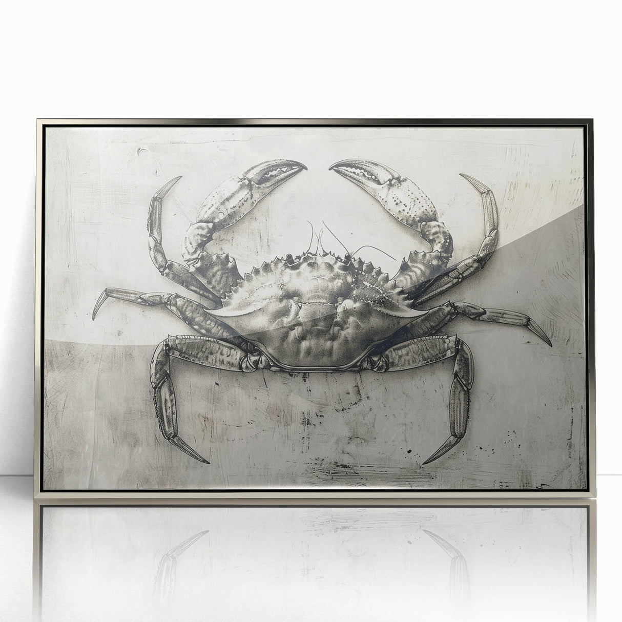 Framed acrylic wall art featuring a detailed marine life crab design, elegantly showcased with a sleek silver frame, ideal for coastal decor enthusiasts.