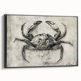 Framed canvas wall art featuring a detailed crab design in vibrant colors, showcasing marine life. The artwork is presented in a sleek black frame, perfect for coastal-themed décor.