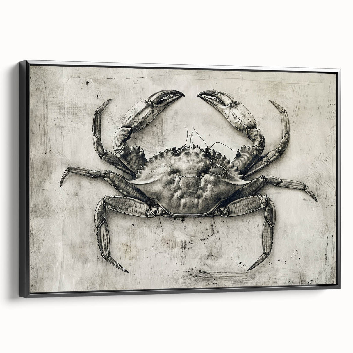 Framed canvas wall art featuring a detailed crab design in vibrant colors, showcasing marine life. The artwork is presented in a sleek black frame, perfect for coastal-themed décor.