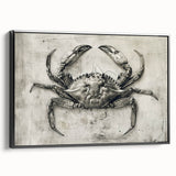 Framed canvas wall art featuring a detailed crab design in vibrant colors, showcasing marine life. The artwork is presented in a sleek black frame, perfect for coastal-themed décor.
