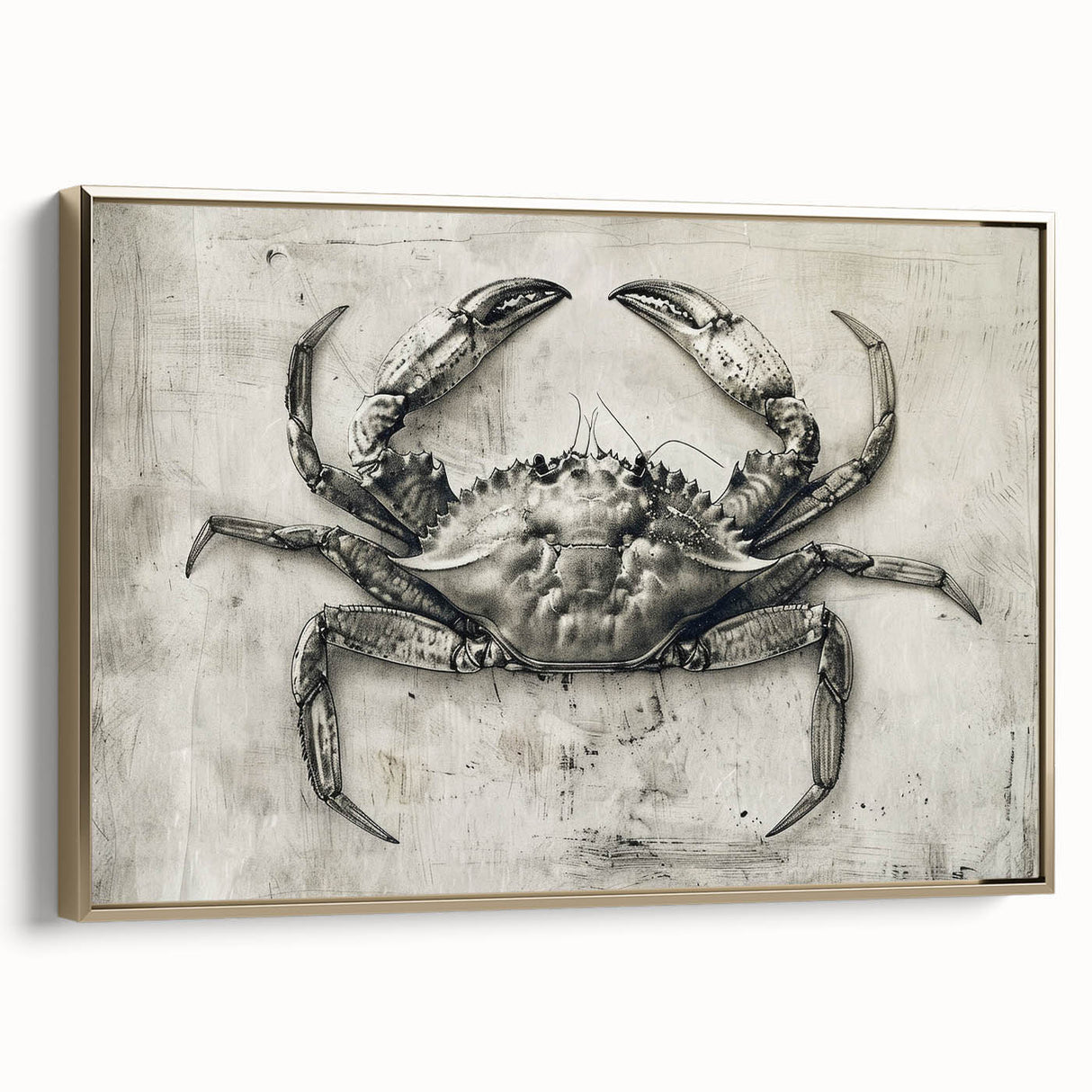 Framed wall art featuring a vibrant crab design in marine life theme, showcasing gold accents and a side view, perfect for coastal decor enthusiasts.