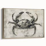 Framed wall art featuring a vibrant crab design in marine life theme, showcasing gold accents and a side view, perfect for coastal decor enthusiasts.