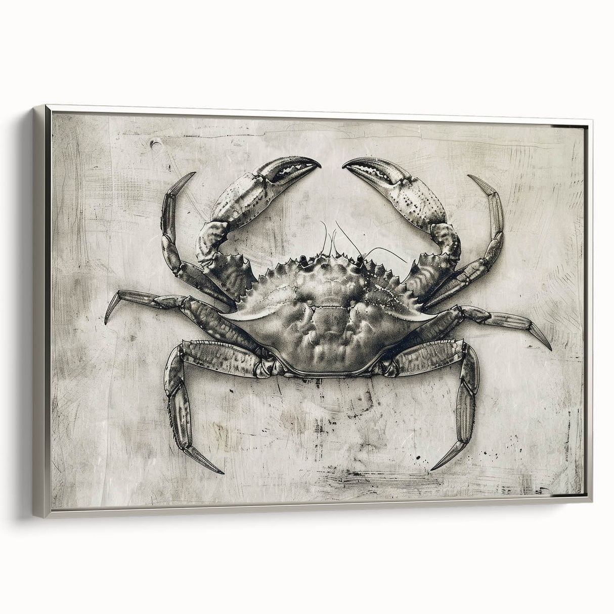 Framed wall art featuring a vibrant marine life crab design on canvas, showcasing intricate details and silver accent framing, perfect for coastal decor.