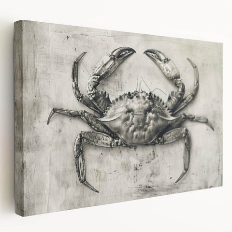 Close-up of a vibrant marine life crab design stretched canvas wall art, showcasing intricate details and bold colors, perfect for coastal-themed decor.