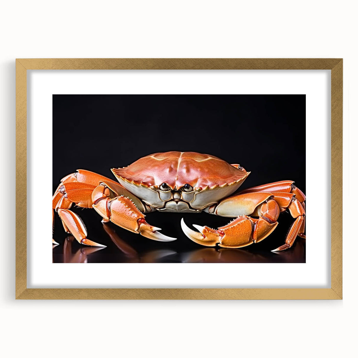 Framed wall art featuring a detailed marine life crab design in gold, showcasing intricate details and vibrant colors, perfect for coastal-themed decor.
