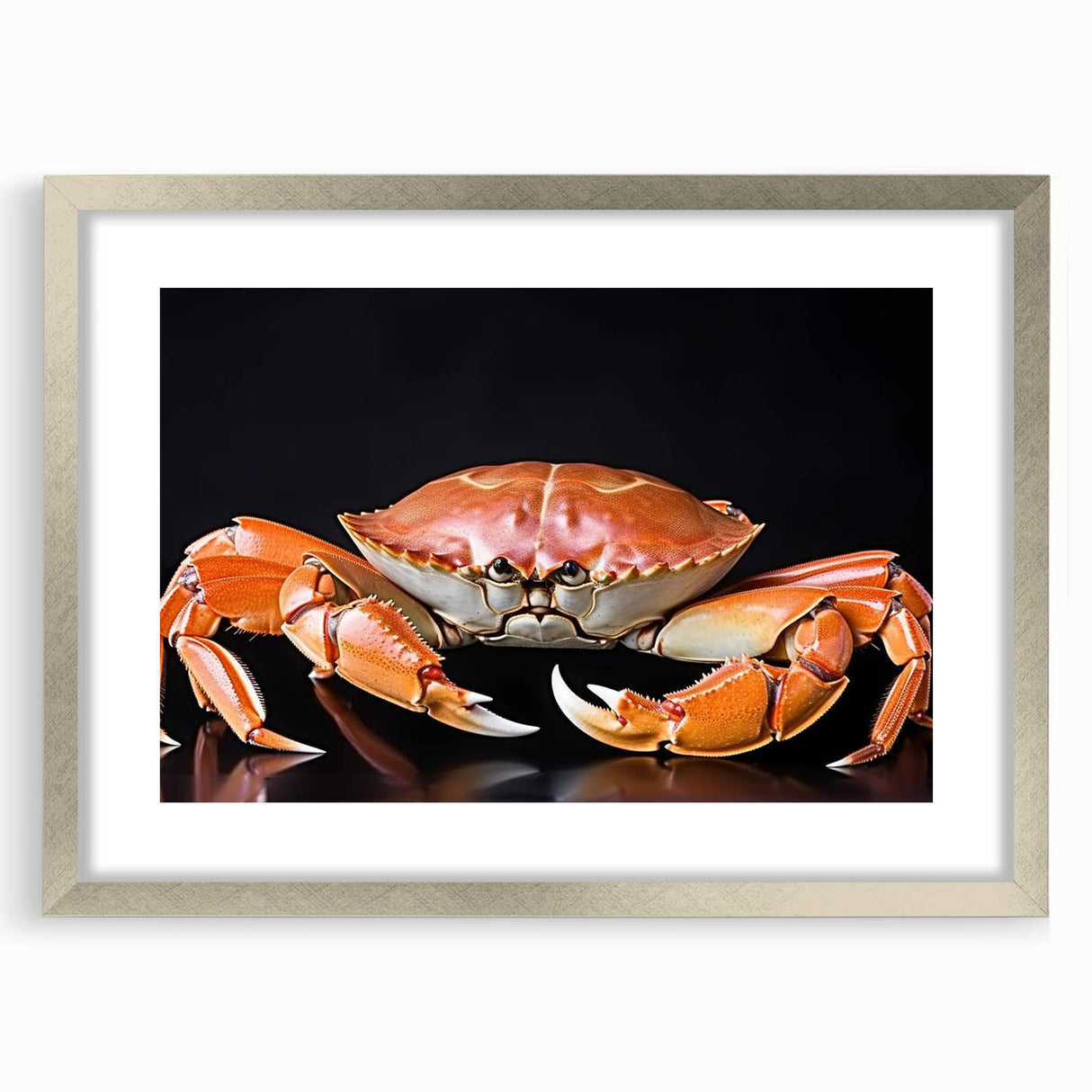 Framed marine life wall art featuring a vibrant crab design in silver, showcasing intricate details and textures, perfect for coastal decor enthusiasts.