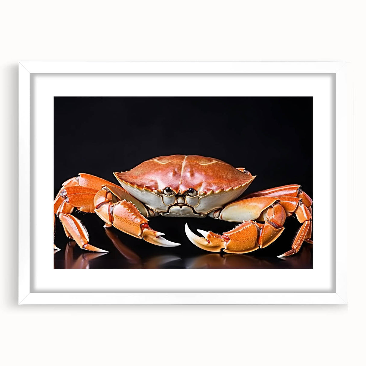 Framed wall art showcasing a vibrant marine life crab design, featuring a white mat and sleek frame, perfect for ocean-themed home decor.