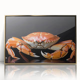 Framed acrylic wall art featuring a vibrant marine life crab design, showcasing intricate details and a gold border, perfect for beach-themed decor.