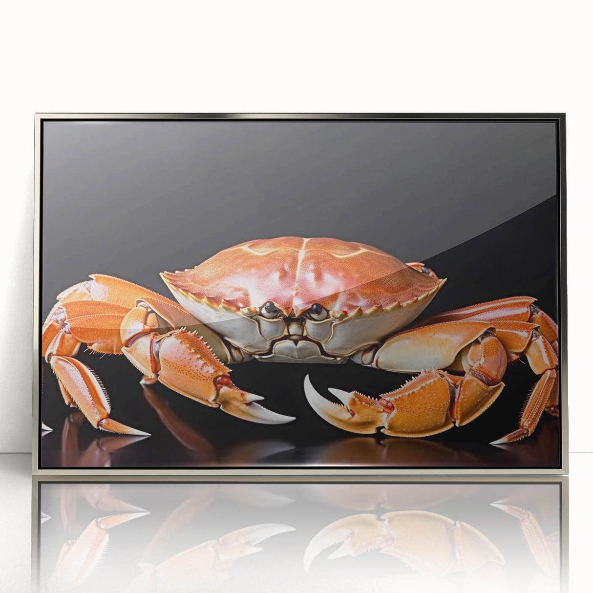 Framed acrylic wall art showcasing a detailed marine life crab design in silver, ideal for coastal-themed decor, adding a touch of elegance and color to any room.