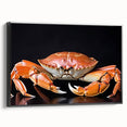 Framed wall art showcasing a detailed marine life crab design on textured canvas, featuring a sleek black frame and side view presentation, perfect for coastal decor.