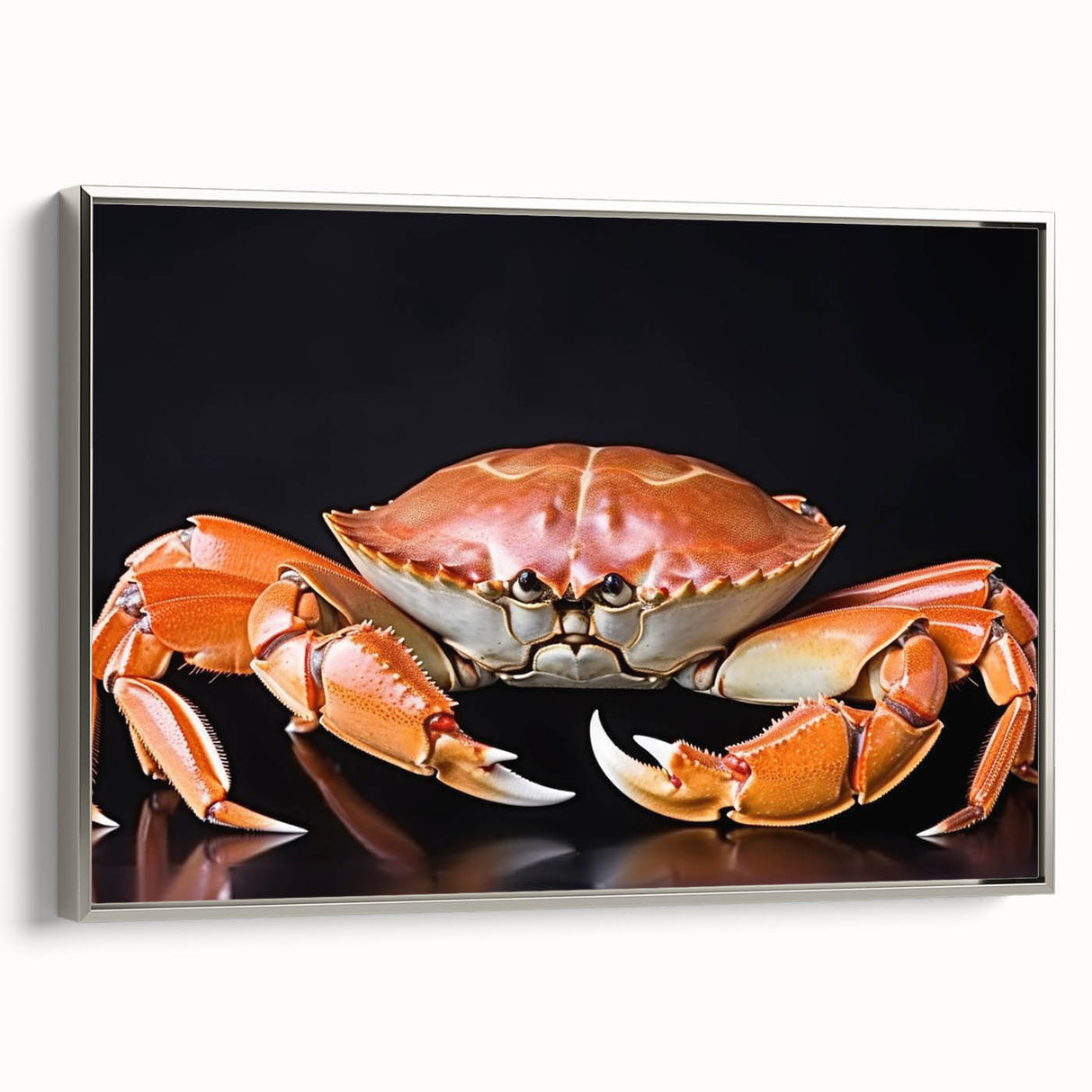 Framed canvas wall art showcasing a detailed marine life crab design in vibrant colors, set against a sleek silver frame, perfect for coastal-themed decor.