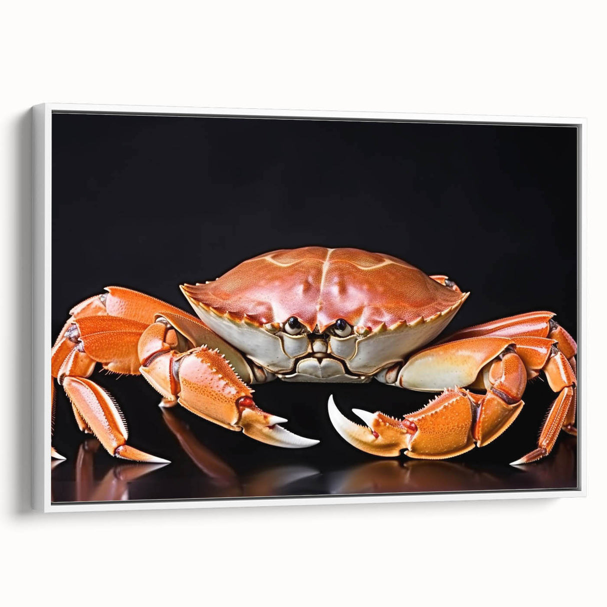 Framed wall art featuring a vibrant crab design against a white background, showcasing marine life details in a contemporary style, ideal for ocean-themed decor.
