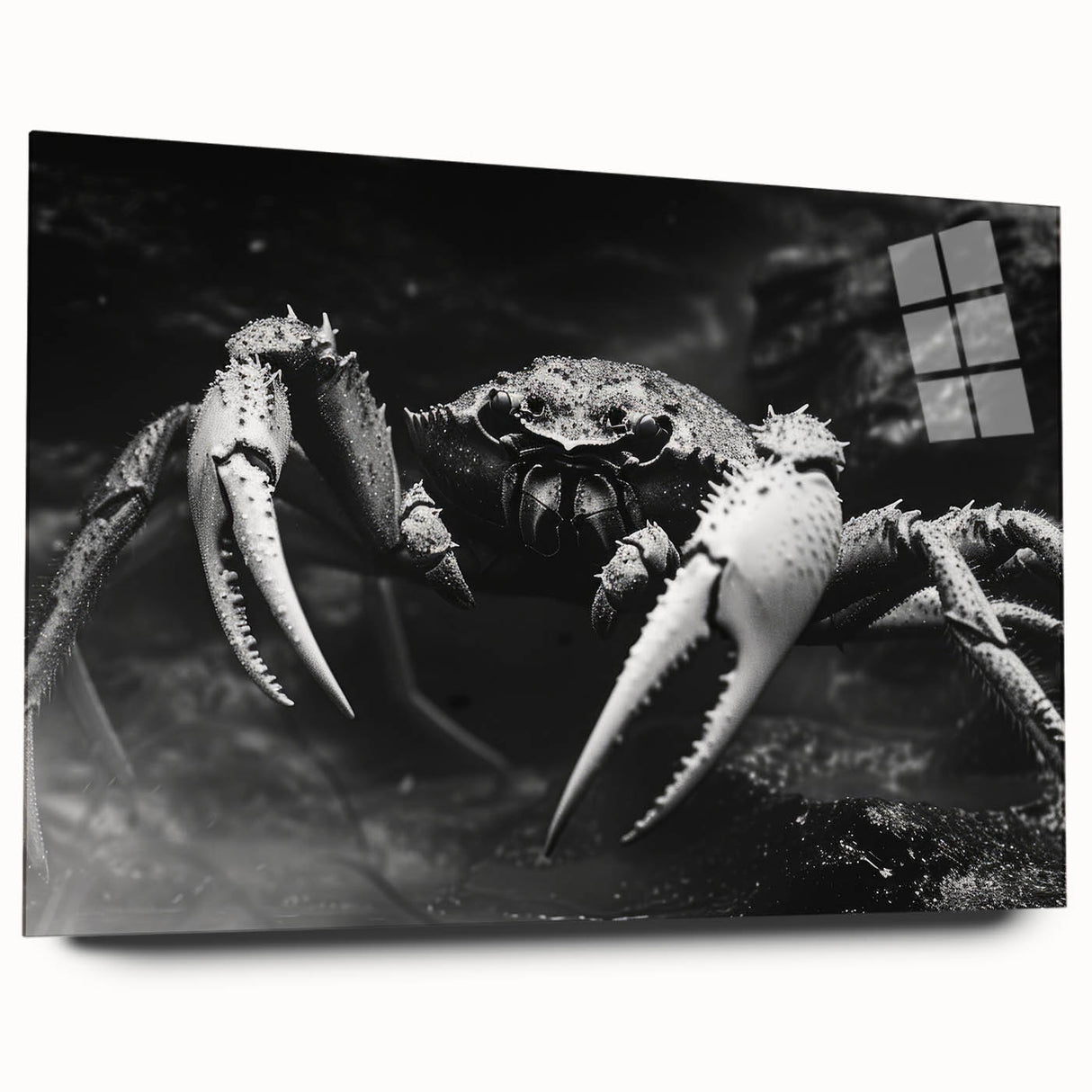 Vibrant marine life wall art collection showcasing a detailed crab design on acrylic glass, viewed from the side, perfect for ocean-themed decor.