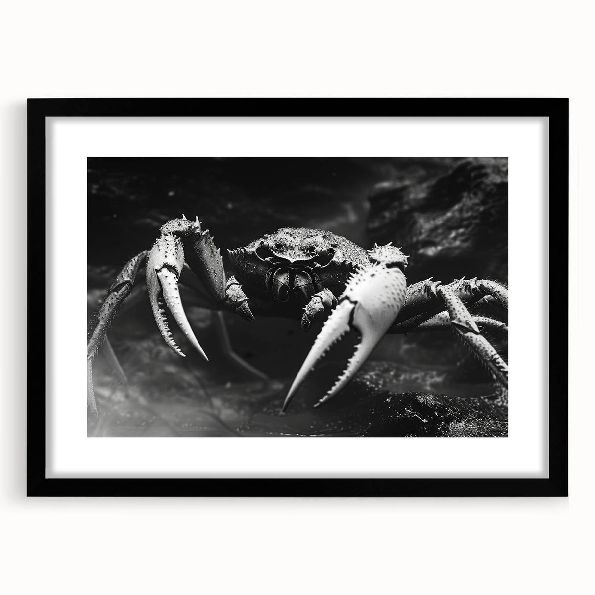 Framed marine life wall art featuring a vibrant crab design, showcased in a sleek black frame with a mat, perfect for coastal-themed decor. Ideal for ocean lovers.