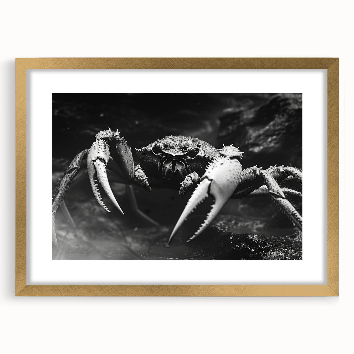 Framed wall art featuring a detailed marine life crab design in gold, elegantly matted and showcased in a contemporary frame, perfect for ocean-themed decor.