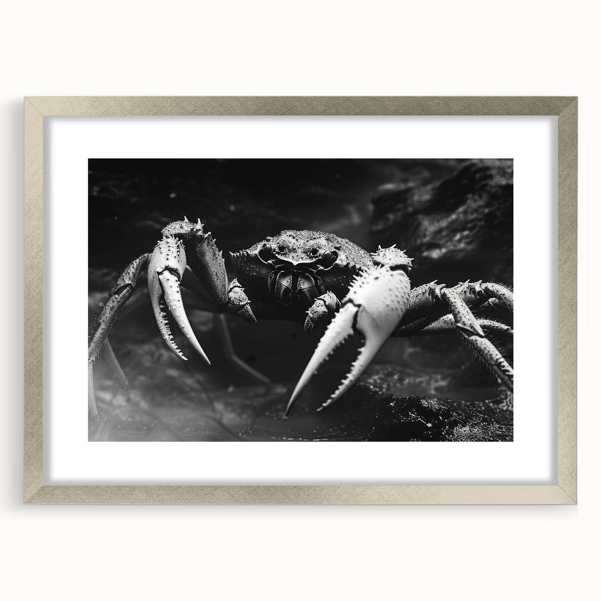 Framed marine life wall art featuring a detailed crab design in vibrant colors, set against a silver mat, ideal for coastal-themed decor.