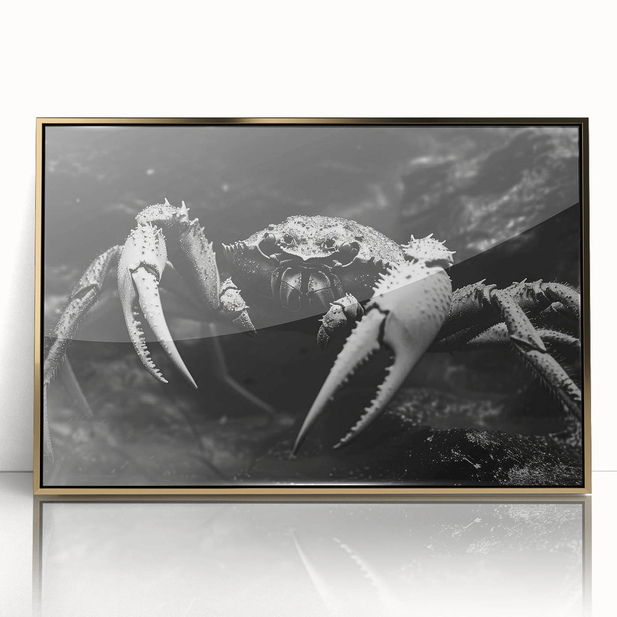Framed wall art featuring a vibrant marine life crab design in gold acrylic, showcasing intricate details and textures, perfect for coastal-themed decor.