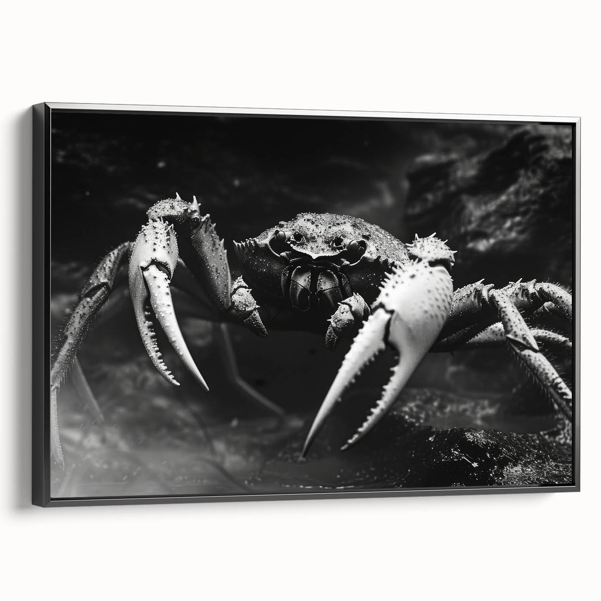 Framed canvas wall art featuring a vibrant marine life crab design, showcasing intricate details and a striking black frame, perfect for ocean-themed decor.