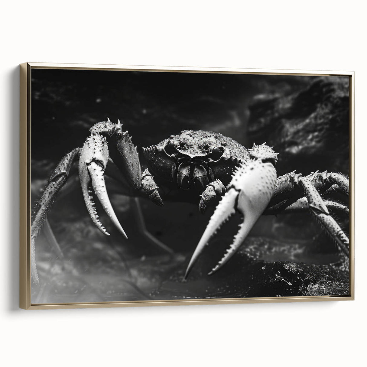 Framed wall art showcasing a vibrant marine life crab design, featuring gold accents and a sleek side view, perfect for coastal-themed decor.