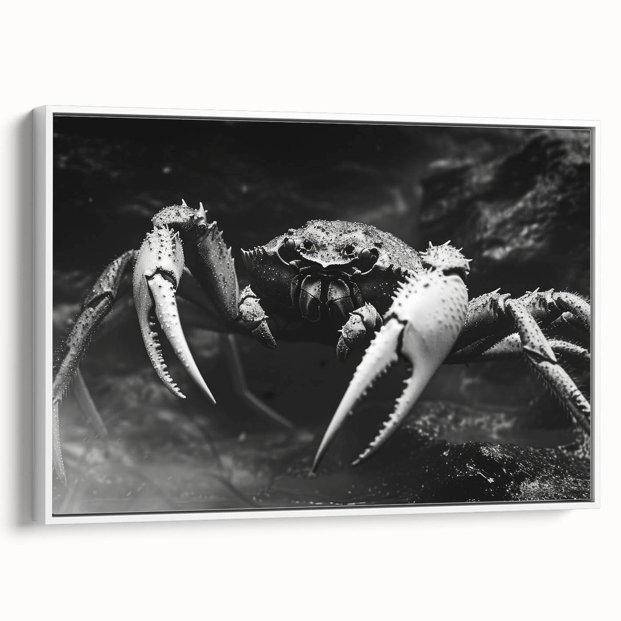 Framed wall art depicting a vibrant crab design in shades of blue and orange, set against a white background, perfect for marine-themed decor.