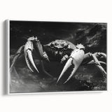 Framed wall art depicting a vibrant crab design in shades of blue and orange, set against a white background, perfect for marine-themed decor.
