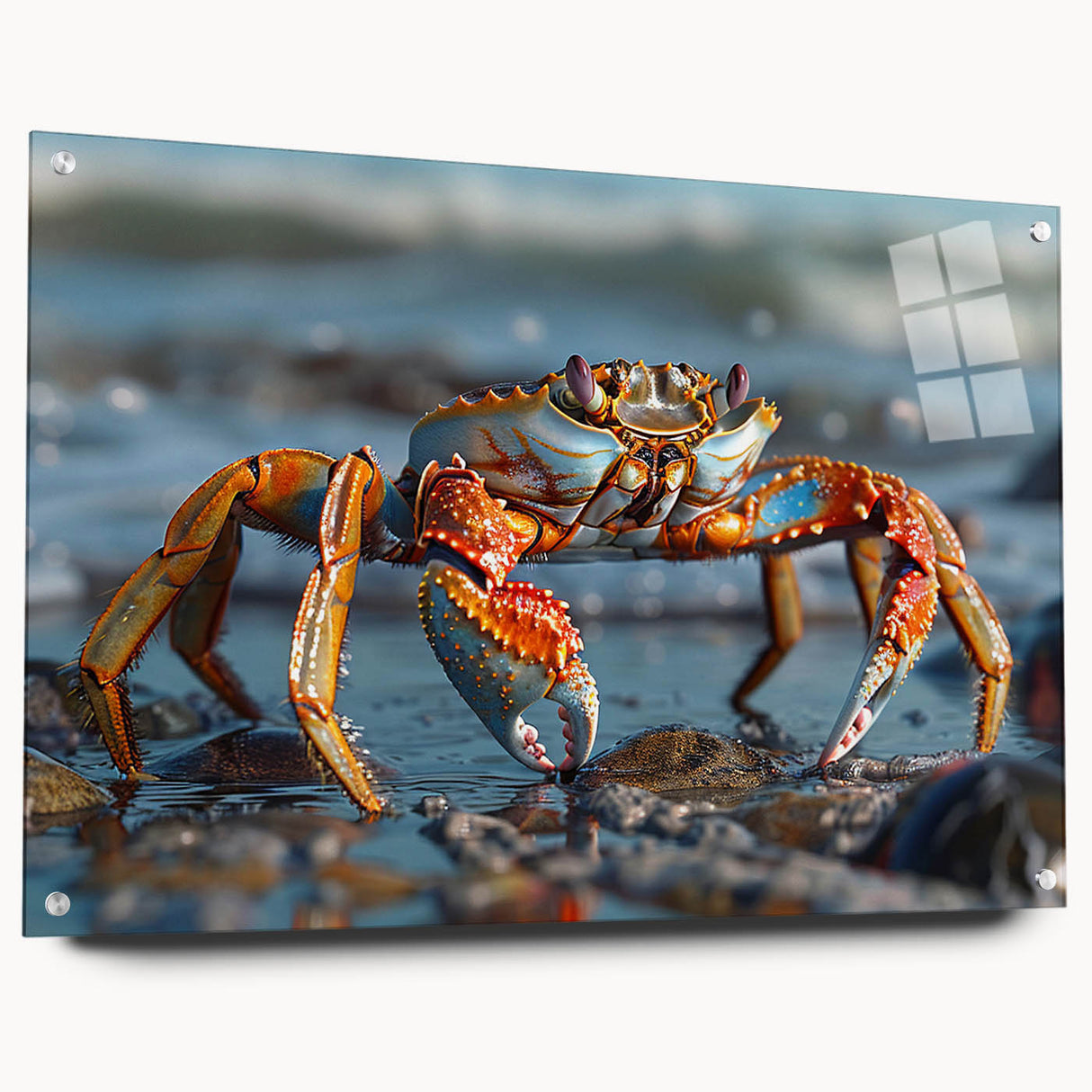 Colorful marine life crab wall art displayed on acrylic glass, showcasing intricate design details from a side view, perfect for coastal-themed decor.
