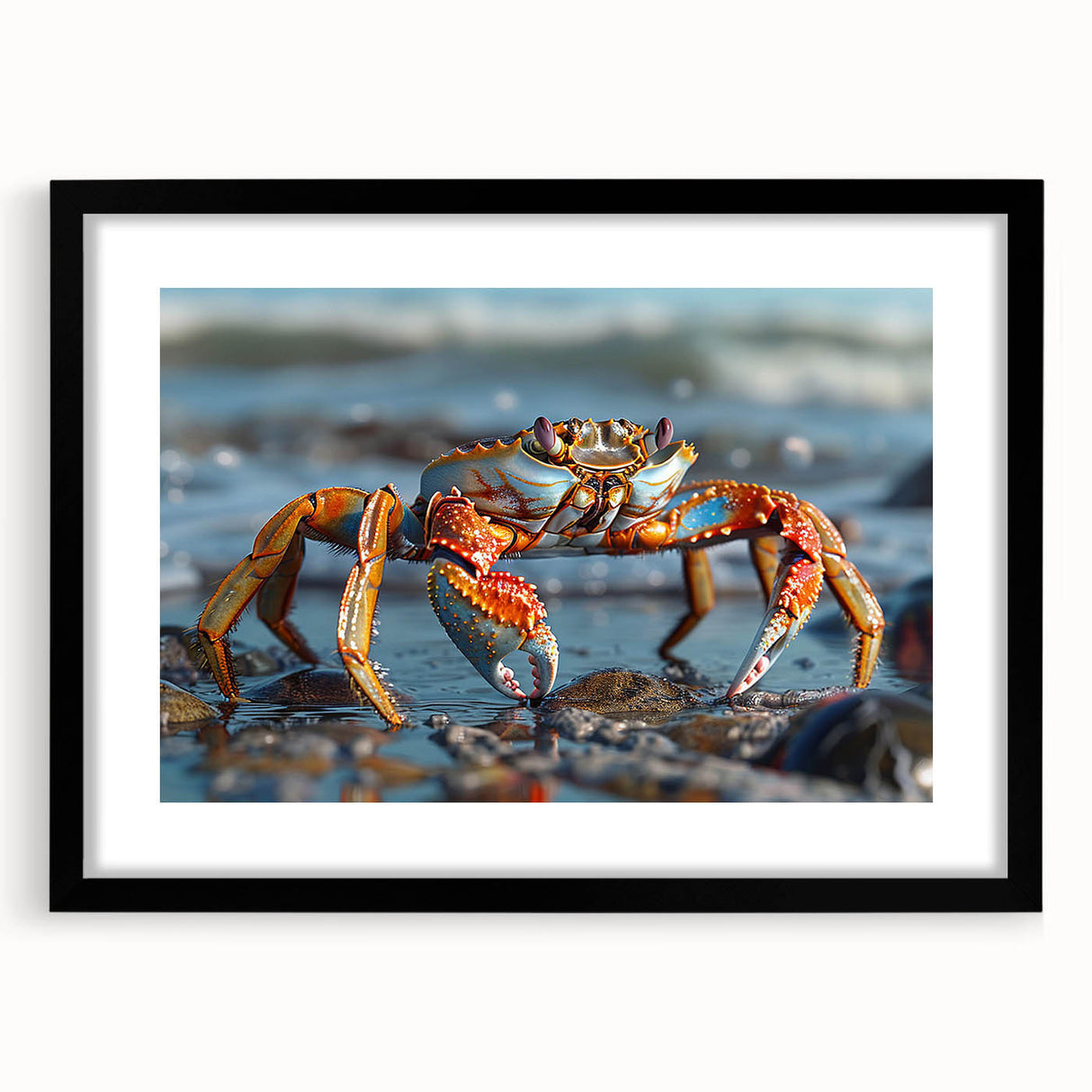 Black-framed wall art showcasing a vibrant marine life crab design, featuring intricate details and a matting for an elegant presentation, ideal for coastal decor.