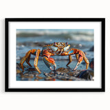 Black-framed wall art showcasing a vibrant marine life crab design, featuring intricate details and a matting for an elegant presentation, ideal for coastal decor.