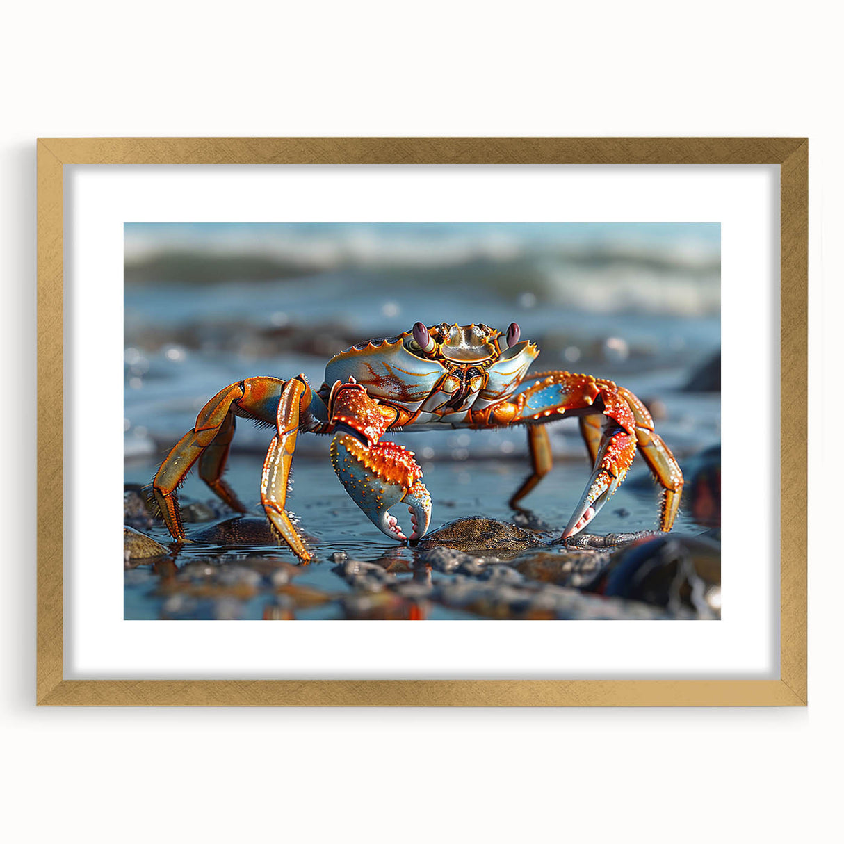 Elegant wall art featuring a marine life crab design in a gold frame with matting, showcasing vibrant colors and intricate details, perfect for coastal decor.