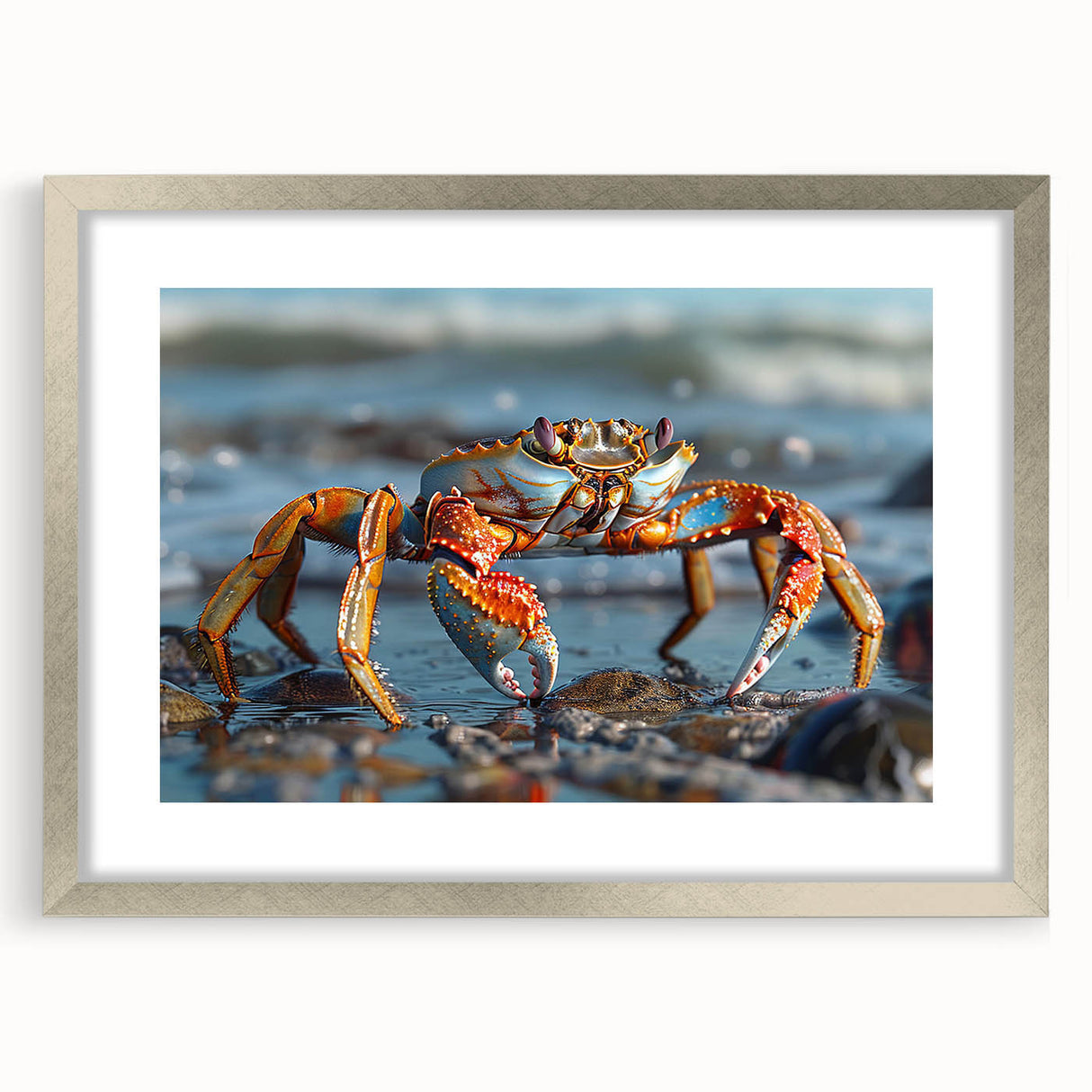 Framed wall art collection showcasing a detailed marine life crab design with a silver mat and frame, perfect for ocean-themed decor in homes or offices.