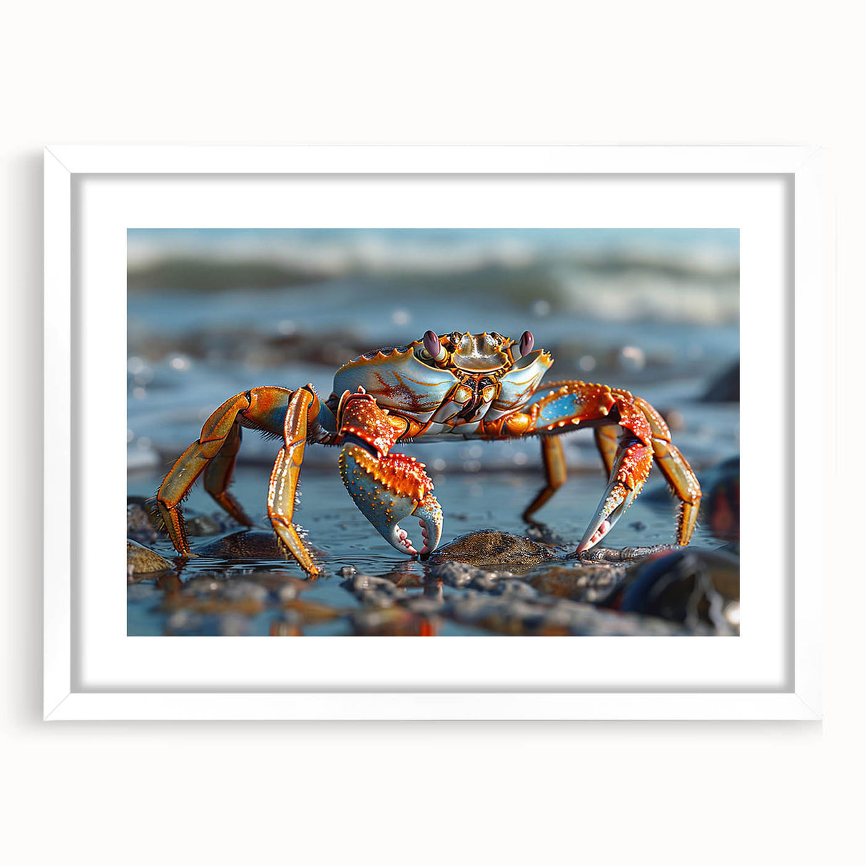 Framed wall art showcasing a detailed crab design, featuring vibrant marine life colors in a white mat and frame, perfect for ocean-themed decor.