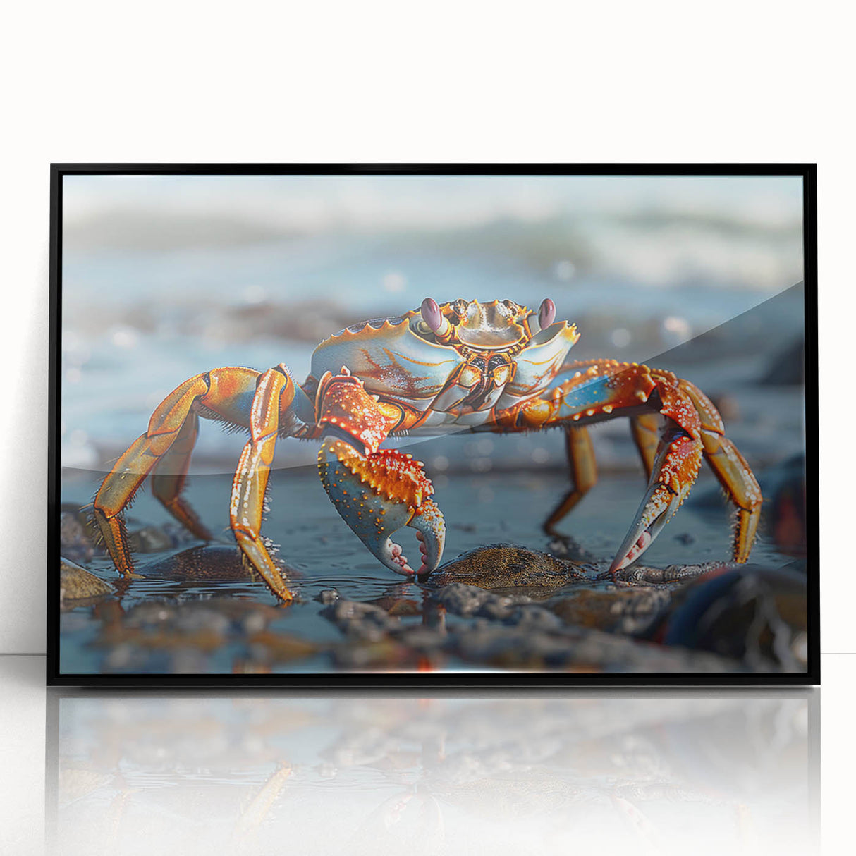 Framed wall art featuring a vibrant marine life crab design, set in a black frame, showcasing intricate details and vivid colors, ideal for ocean-themed decor.