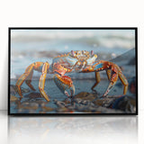 Framed wall art featuring a vibrant marine life crab design, set in a black frame, showcasing intricate details and vivid colors, ideal for ocean-themed decor.
