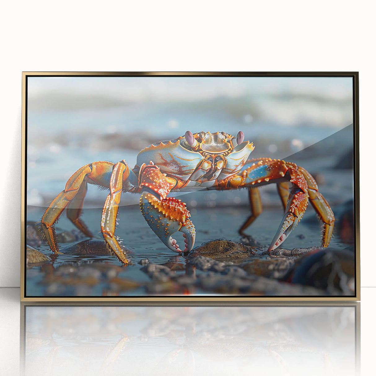 Framed wall art featuring a detailed marine life crab design in vibrant colors, accented with a sleek gold frame, ideal for coastal-themed decor.