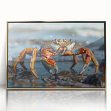 Framed wall art featuring a detailed marine life crab design in vibrant colors, accented with a sleek gold frame, ideal for coastal-themed decor.