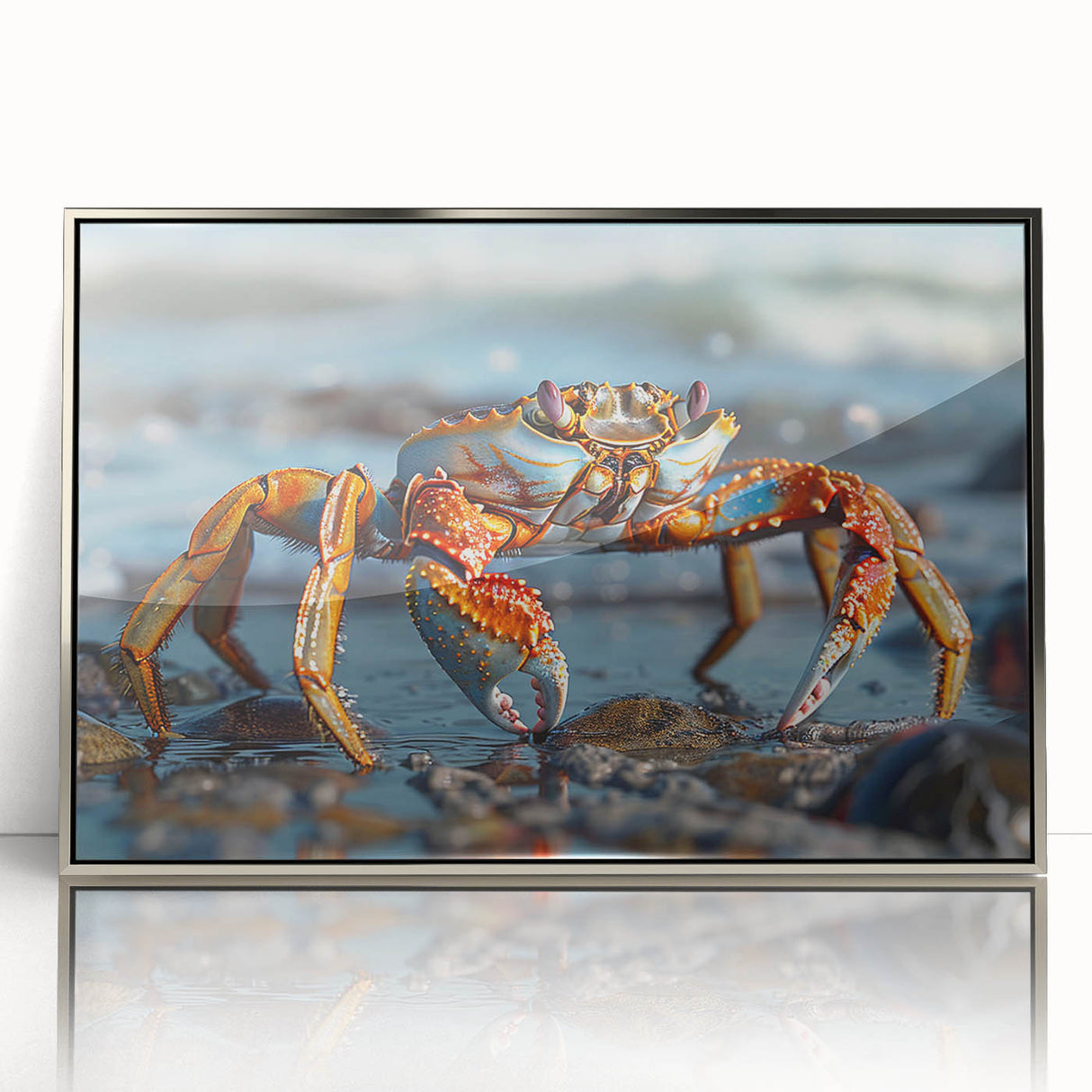 Framed wall art featuring a detailed marine life crab design in vibrant colors, displayed in a sleek acrylic frame with a silver finish, perfect for coastal decor.