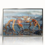 Framed wall art featuring a detailed marine life crab design in vibrant colors, displayed in a sleek acrylic frame with a silver finish, perfect for coastal decor.