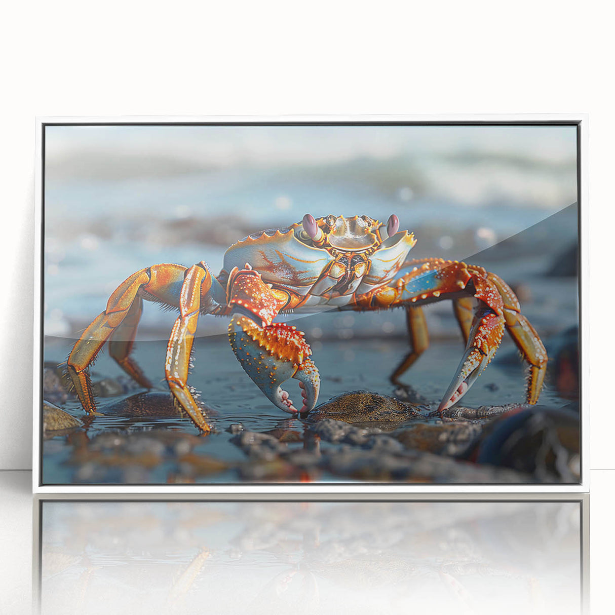 Framed wall art depicting a vibrant crab design in marine life theme, featuring a white frame and acrylic front, perfect for coastal home decor.