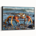 Framed canvas wall art showcasing a vibrant marine life crab design, featuring intricate details and a sleek black frame, perfect for ocean-themed decor.