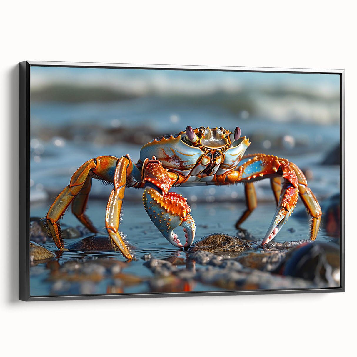 Framed canvas wall art showcasing a vibrant marine life crab design, featuring intricate details and a sleek black frame, perfect for ocean-themed decor.