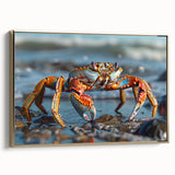 Framed wall art showcasing a colorful crab design with intricate marine life details, set against a gold background, ideal for ocean-themed decor.