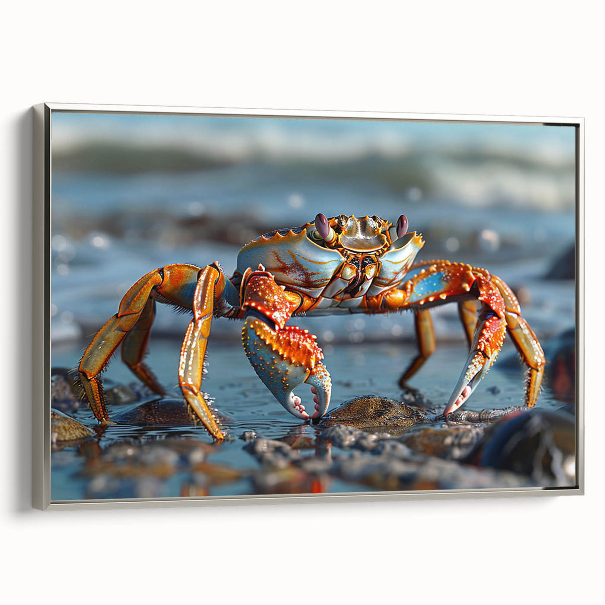 Framed wall art featuring a silver side view of a crab design, showcasing vibrant colors and intricate details, perfect for marine life enthusiasts and modern decor.