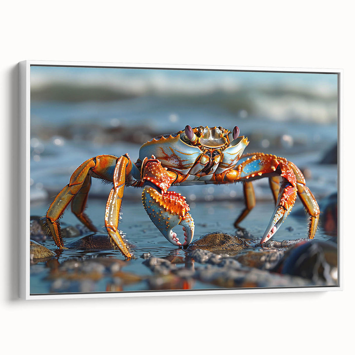 Framed canvas wall art showcasing a detailed marine life crab design, featuring vibrant colors and intricate details, ideal for ocean-themed decor.