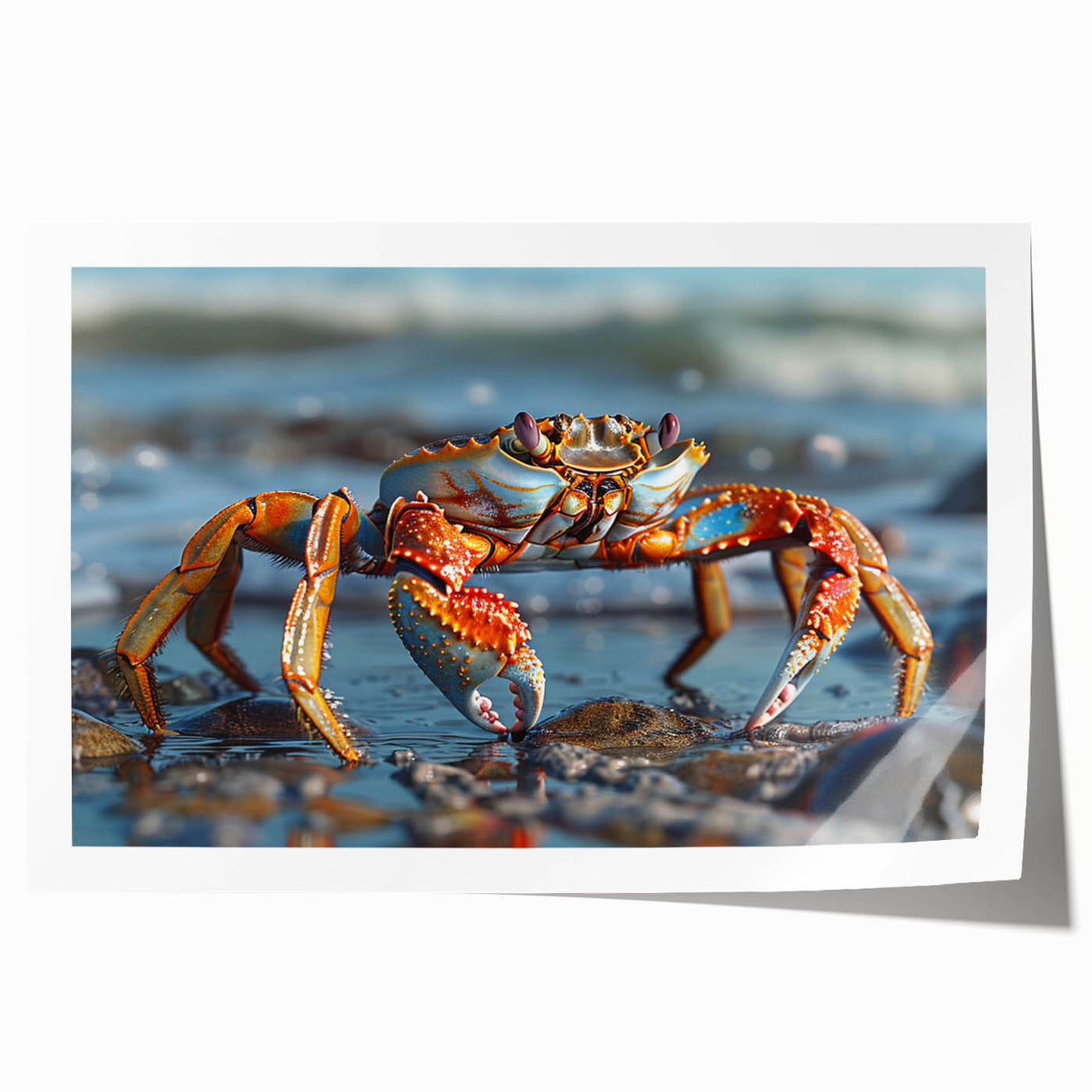 Vibrant marine life wall art print showcasing a detailed crab design, featuring rich colors and intricate textures, perfect for ocean-themed decor.