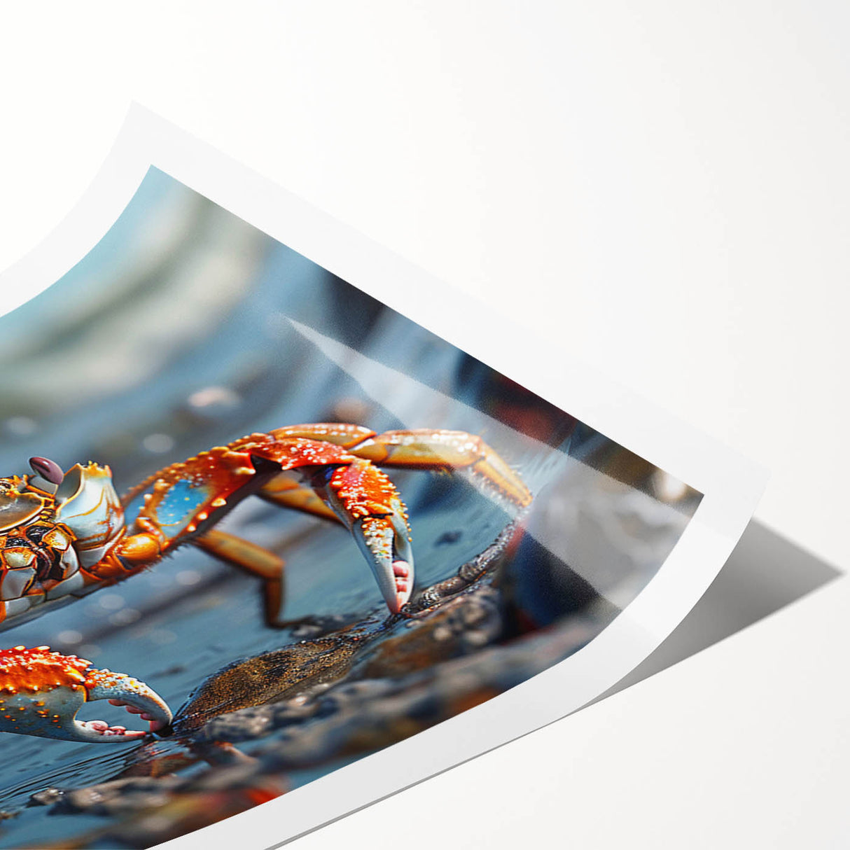 Vibrant marine life wall art print showcasing an intricately designed crab, perfect for ocean-themed decor. Rolled and shipped in a protective tube for easy display.
