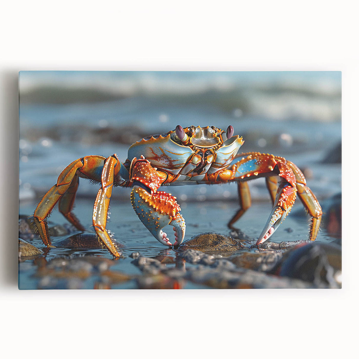 Vibrant stretched canvas wall art featuring a colorful crab design, perfect for marine life enthusiasts. Ideal for enhancing coastal-themed decor in any room.