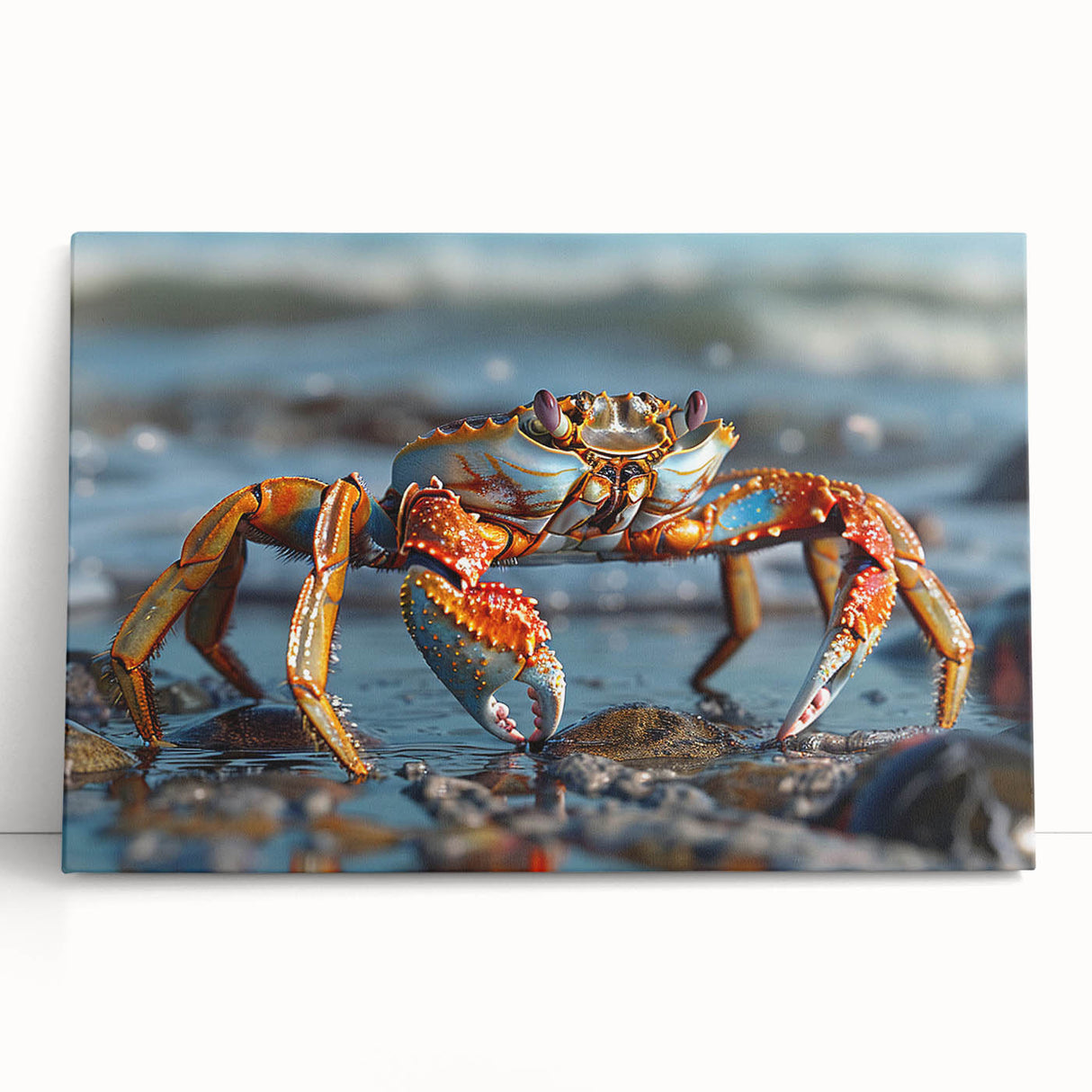 Vibrant stretched canvas wall art showcasing a detailed marine life crab design, perfect for coastal-themed decor, featuring rich colors and intricate textures.