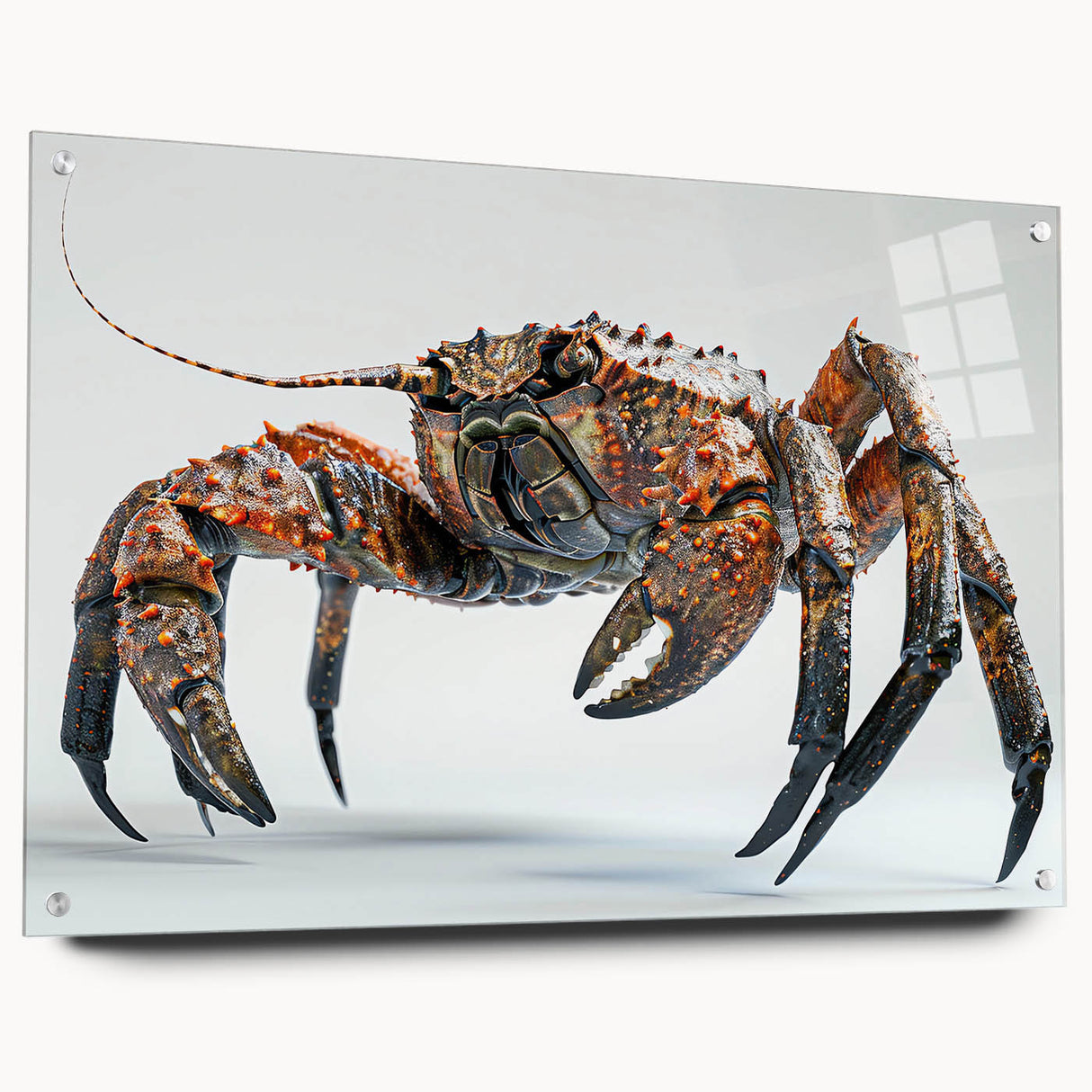 Vibrant acrylic wall art featuring a detailed marine life crab design, displayed in a side view with pins, perfect for ocean-themed decor in modern settings.