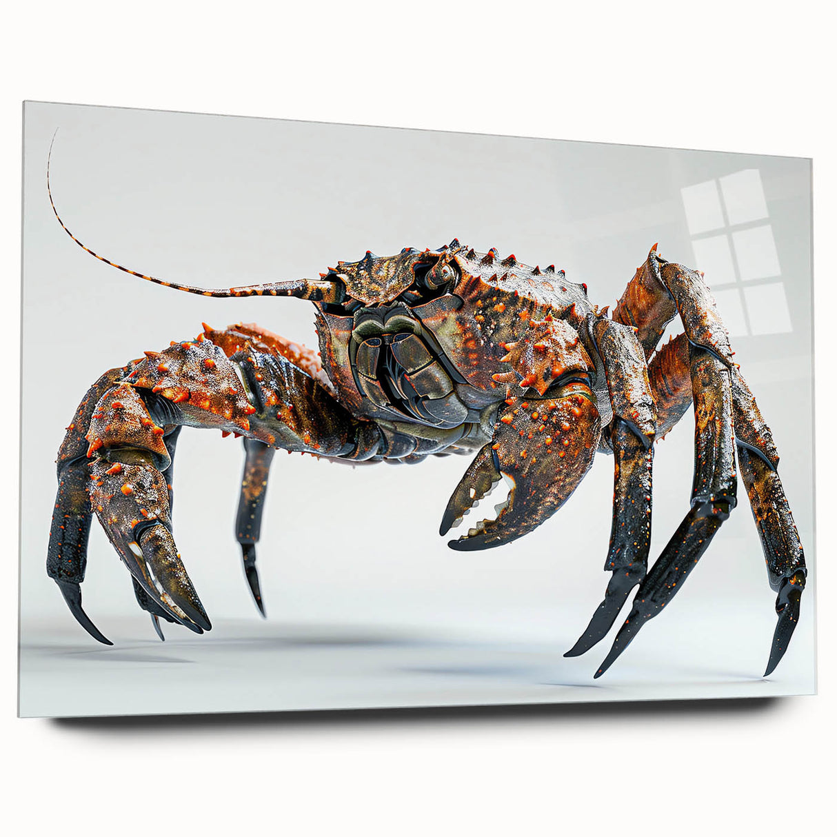 Side view of a marine life-themed crab design wall art collection, featuring vibrant colors and acrylic glass finish, ideal for coastal decor enthusiasts.